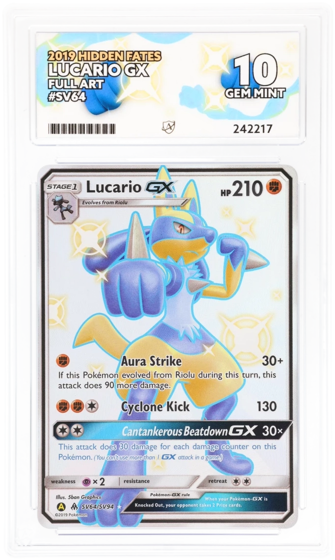 Cert #242217 - 2019 - Lucario GX - Hidden Fates - SV64/SV94 - Full Art - Grade 10 | Ace Grading - Trading Card Grading Services Cert #242217 - 2019 - Lucario GX - Hidden Fates - SV64/SV94 - Full Art - Grade 10 | Ace Grading - Trading Card Grading Services