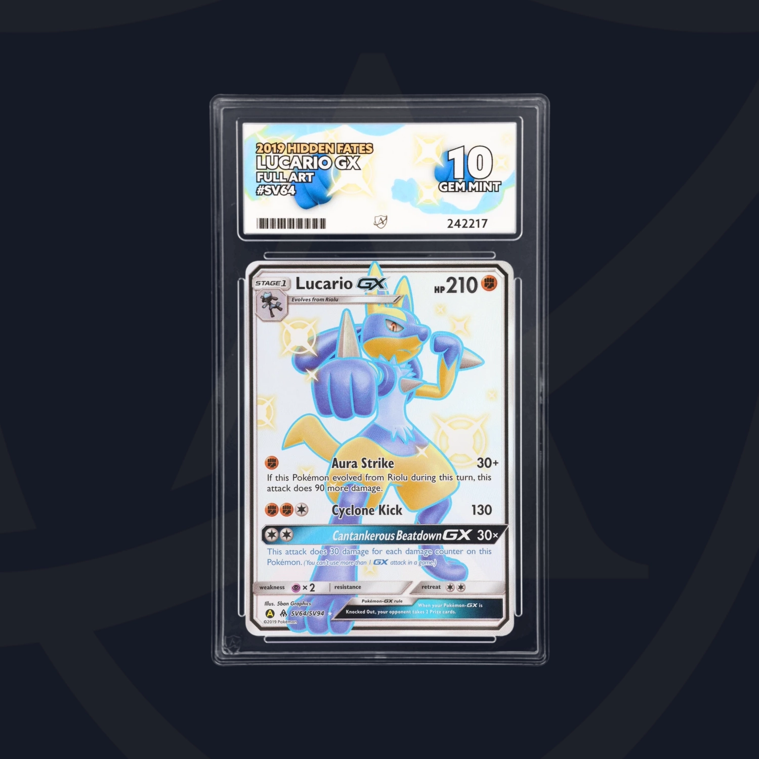 Cert #242217 - 2019 - Lucario GX - Hidden Fates - SV64/SV94 - Full Art - Grade 10 | Ace Grading - Trading Card Grading Services Cert #242217 - 2019 - Lucario GX - Hidden Fates - SV64/SV94 - Full Art - Grade 10 | Ace Grading - Trading Card Grading Services