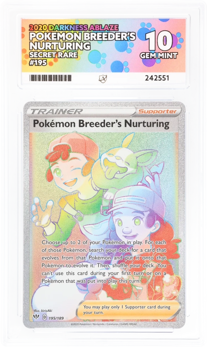 Cert #242551 - 2020 - Pokemon Breeder's Nurturing - Darkness Ablaze - 195/189 - Secret Rare - Grade 10 | Ace Grading - Trading Card Grading Services Cert #242551 - 2020 - Pokemon Breeder's Nurturing - Darkness Ablaze - 195/189 - Secret Rare - Grade 10 | Ace Grading - Trading Card Grading Services