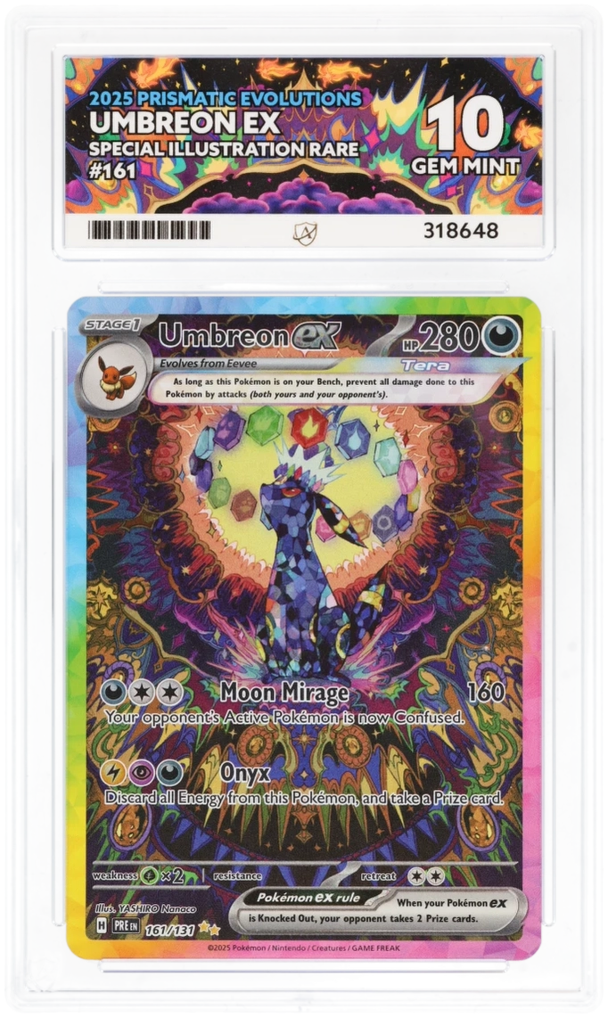 Cert #318648 - 2025 - Umbreon ex - Prismatic Evolutions - 161/131 - Special Illustration Rare - Grade 10 | Ace Grading - Trading Card Grading Services Cert #318648 - 2025 - Umbreon ex - Prismatic Evolutions - 161/131 - Special Illustration Rare - Grade 10 | Ace Grading - Trading Card Grading Services