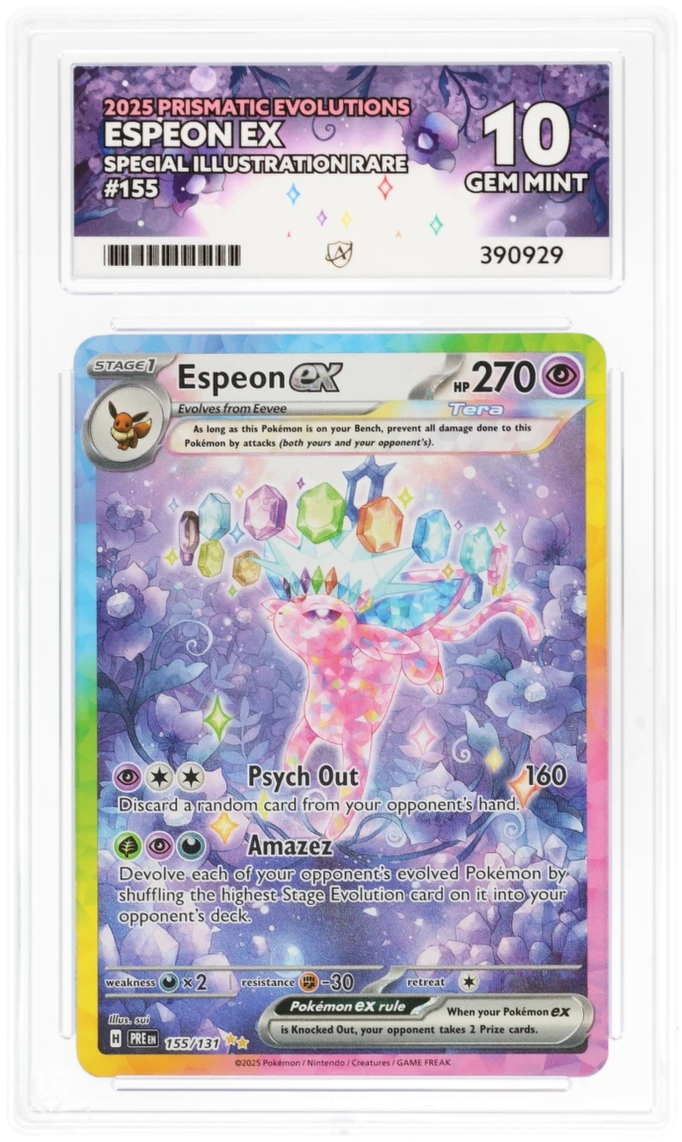 Cert #390929 - 2025 - Espeon ex - Prismatic Evolutions - 155/131 - Special  Illustration Rare - Grade 10 | Ace Grading - Trading Card Grading Services