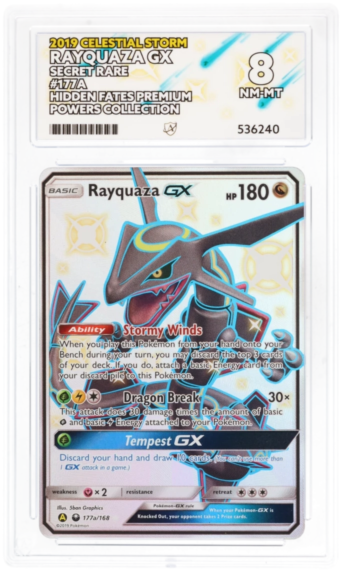 Cert #536240 - 2019 - Rayquaza GX - Celestial Storm - 177a/168 - Secret Rare  - Hidden Fates Premium Powers Collection - Grade 8 | Ace Grading - Trading  Card Grading Services